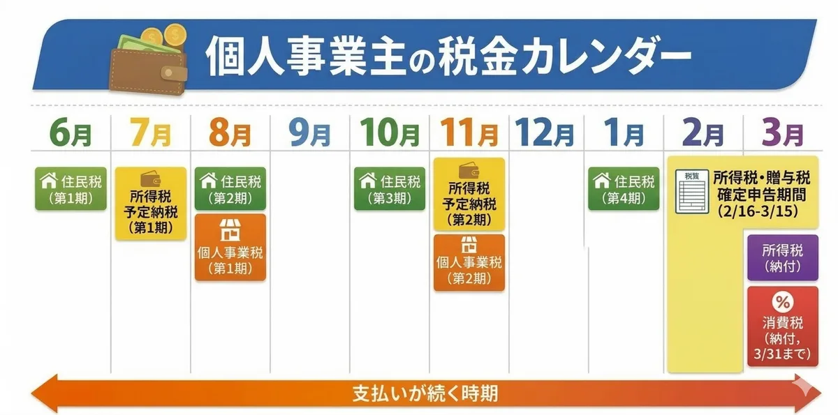 確定申告後にやってくる税金・保険料の一覧をイメージした画像