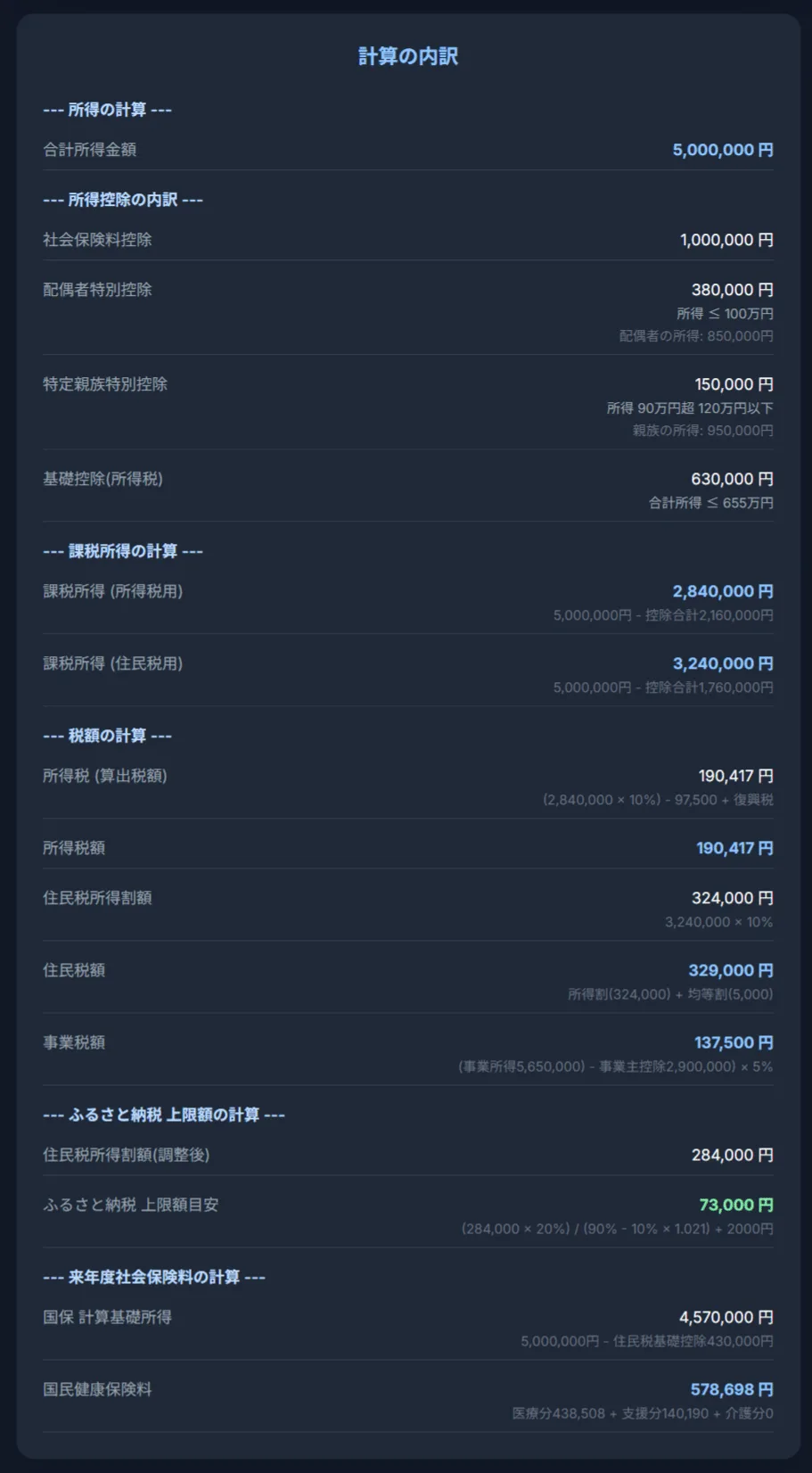 統合税金シミュレーターの計算過程表示画面
